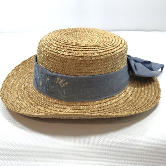 Vintage Straw Brimmed Summer Hat Floral Embroided Band main image 7